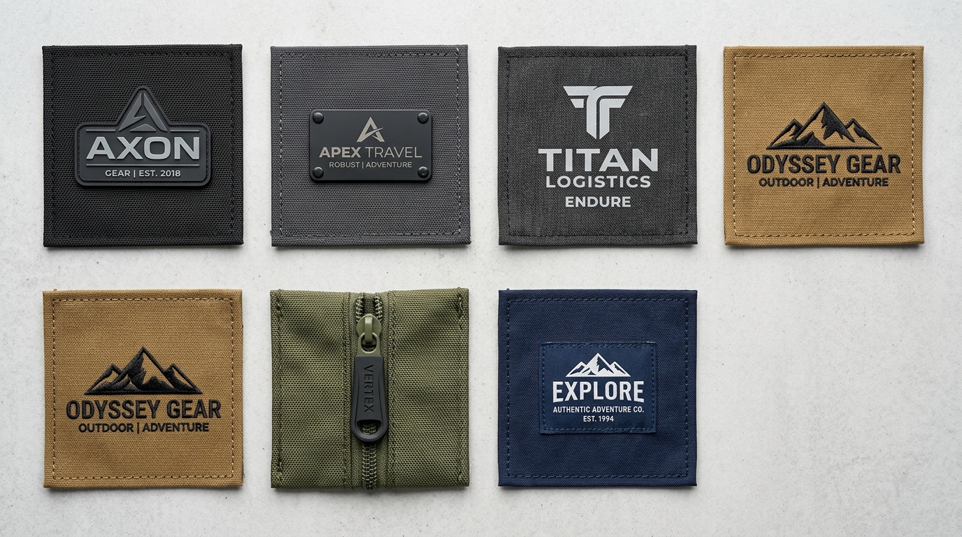 Showcase of private label bag branding techniques: 3D silicone patches, metal badges, 3M reflective prints, embroidery, and custom molded zipper pullers